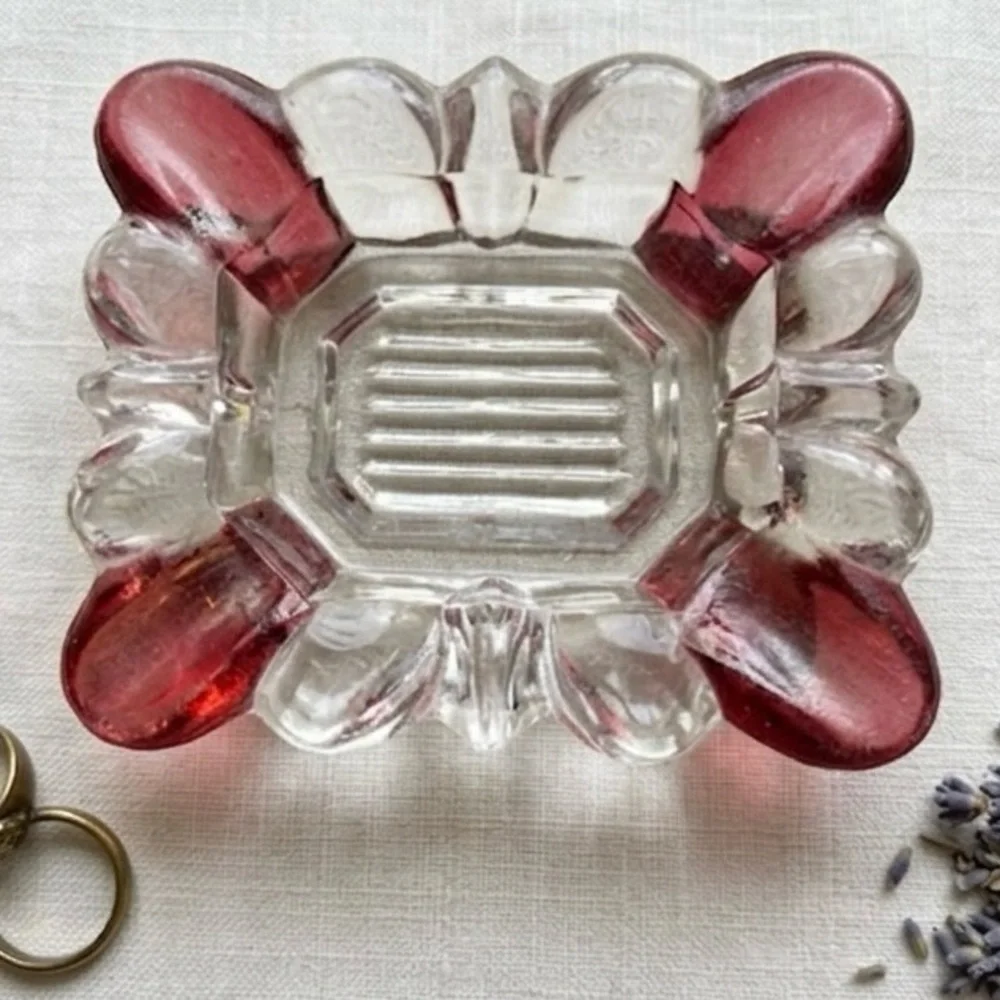 Vintage Ruby Stained Clear Glass Trinket Dish Ashtray